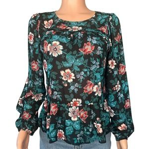 Ann Taylor Loft Shirt Womens Small Black Floral Print Long Sleeve Semi Sheer